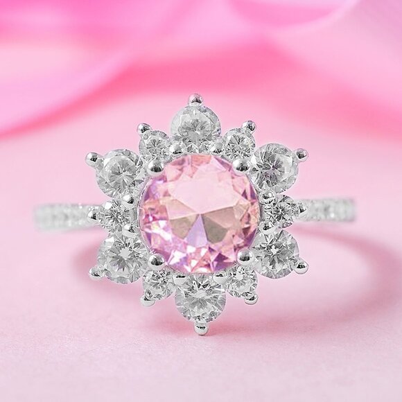 Pink Flower / Snowflake Gemstone Ring, 925 Sterling Silver - Picture 6 of 6